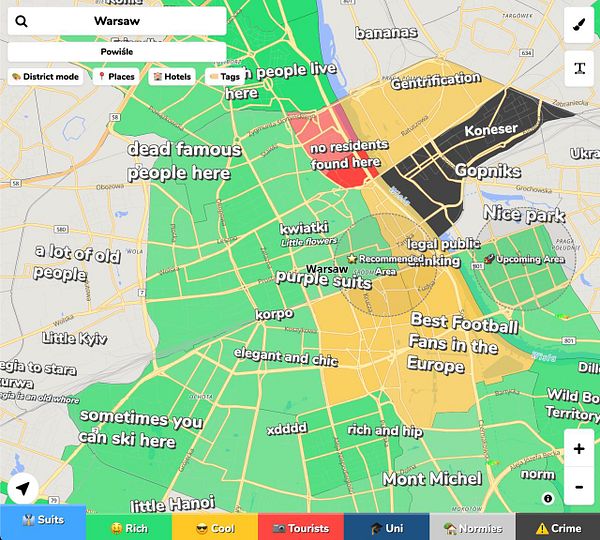 A colorful annotated map highlighting various districts and social characterizations of areas in Warsaw, Poland labeled with informal and humorous descriptions.