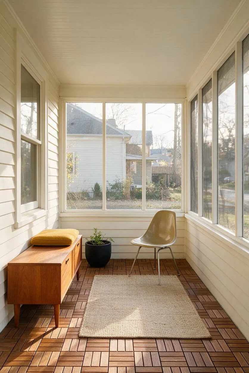 A narrow screened front porch with white horizontal siding and large windows, furnished with a walnut storage bench topped with a mustard cushion, a molded chair, a black planter, and a light woven rug over wood-look deck tiles. Warm sunlight fills the bright, minimalist space.