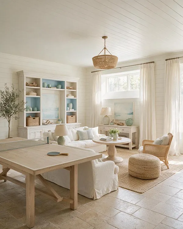 A bright coastal-style game room with a light wood ping-pong table in the foreground, a white slipcovered sofa, woven rattan chair and ottoman, and a round pedestal coffee table. Built-in shelving, sheer curtains, and a woven pendant light add breezy, natural texture to the soft cream and pale blue space.