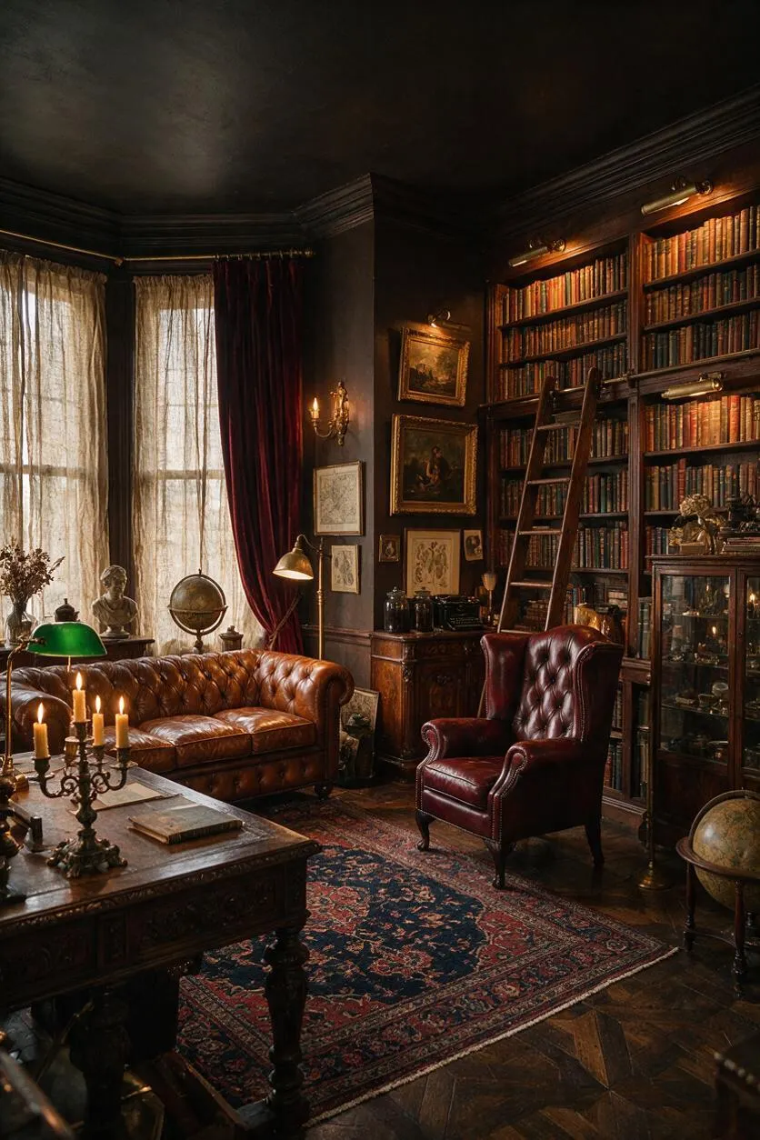 A dark academia living room with floor-to-ceiling bookshelves filled with old books, a tufted leather sofa, a burgundy wingback chair, and heavy velvet drapes framing tall windows with sheer curtains. The room includes a carved wooden desk, brass lamps, a globe, framed art, candles, and a patterned vintage rug over dark wood flooring, creating a warm, scholarly atmosphere.