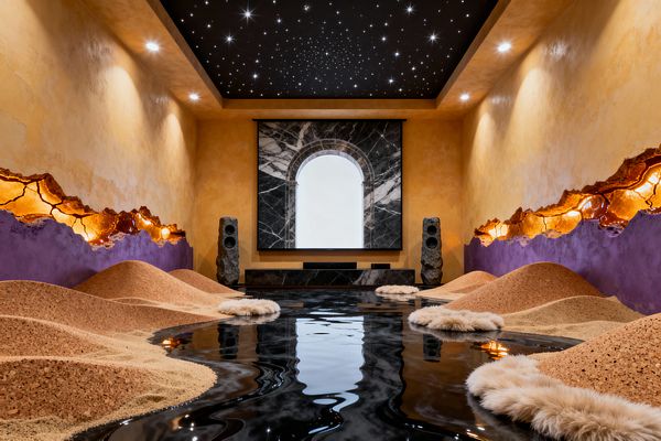 A surreal media room features a glossy black, river-like floor winding between low mounds of cork and sand with small white sheepskin rugs. Ochre plaster walls capped by a purple band are split by jagged, geode-like fissures glowing amber. A star-studded black ceiling and recessed downlights illuminate a front projection screen framed by veined black marble with a matching console, flanked by chunky stone speakers.