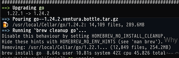 The image displays a terminal interface showing the process of upgrading the Go programming language using Homebrew.