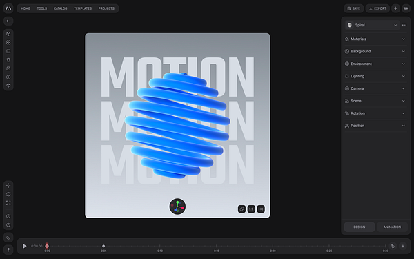 A 3D design interface displaying a blue spiral object with the word 'MOTION' in the background.