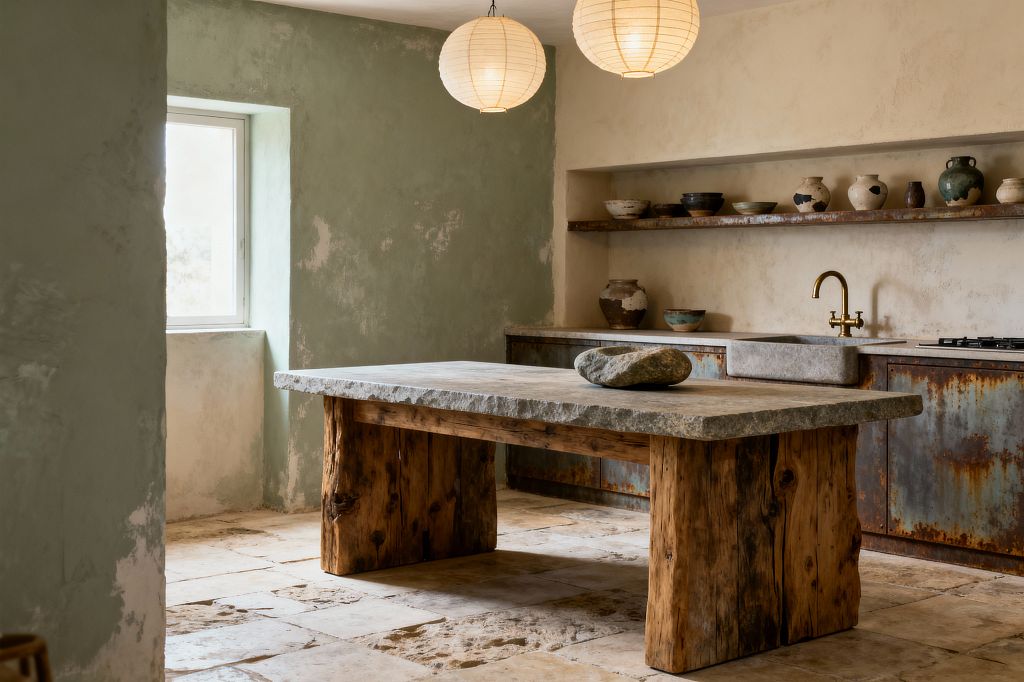 A rustic Wabi-Sabi kitchen with sage and beige limewashed plaster walls centers on a heavy island made of reclaimed timber legs topped by a thick, rough stone slab that holds a smooth river rock. Weathered steel cabinetry with rusted patina, a carved stone sink with brass faucet, an open niche shelf of handmade ceramics, limestone flagstone flooring, a small window, and two paper lantern pendants create a softly lit, timeworn atmosphere.