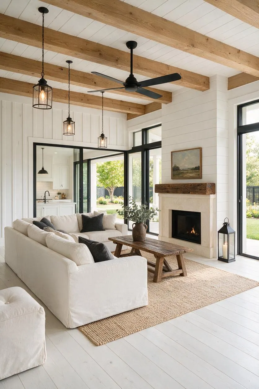 A bright farmhouse-style backyard living room with white shiplap walls, exposed wood ceiling beams, and a black ceiling fan. A cream sectional sits on a woven rug beside a rustic wood coffee table, with a stone fireplace, lanterns, and large black-framed glass doors opening to the outdoors.