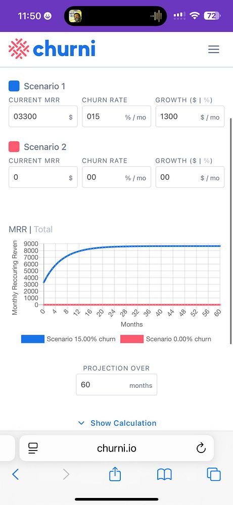 The image displays a financial projection tool for monthly recurring revenue (MRR) under two different churn scenarios.