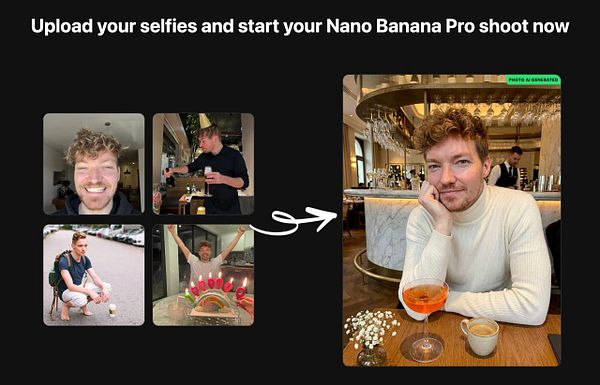 The image features a collage of selfies and a main photo promoting the Nano Banana Pro shoot.