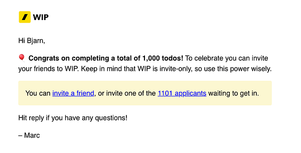 An email congratulating a user on completing 1,000 todos in the WIP application.