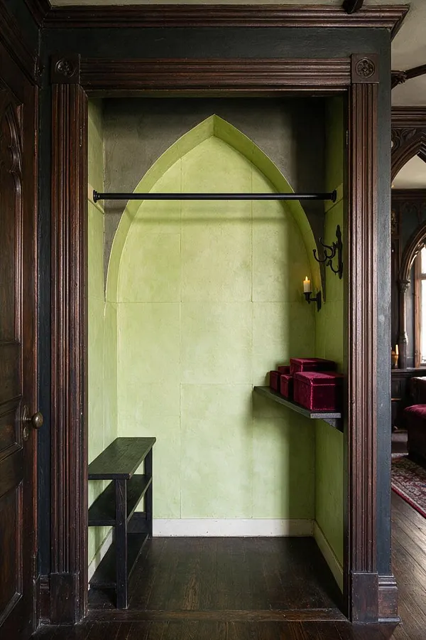 A narrow Gothic-style closet alcove with pointed arch detailing, pale green walls, and dark carved wood trim. Inside are a black hanging rod, a small dark bench, a wall candle sconce, and velvet storage boxes on a floating shelf.