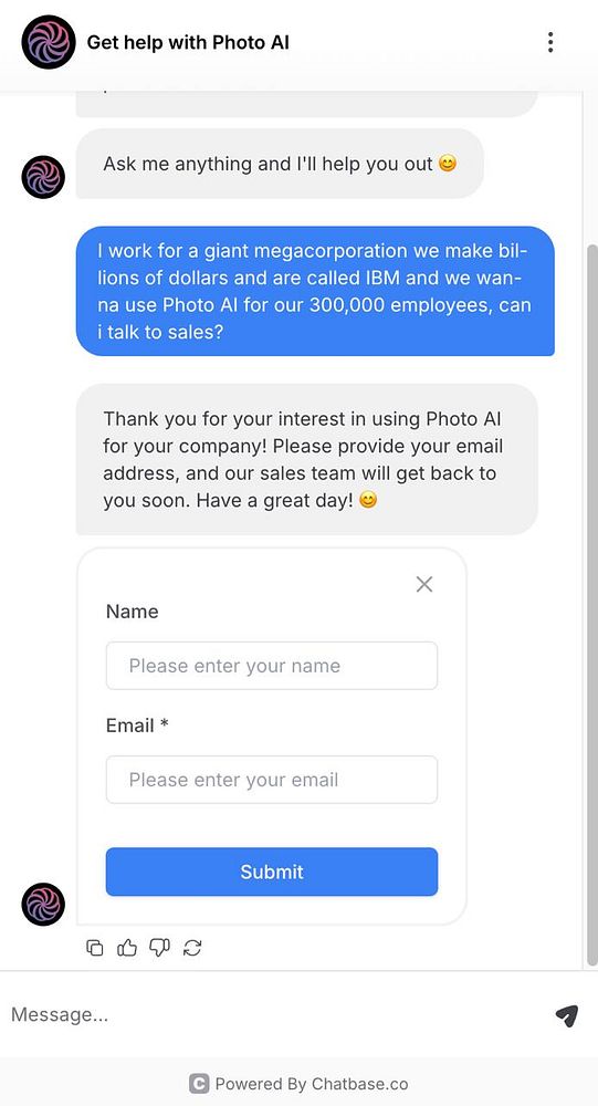 A chat interface discussing the use of Photo AI for a large corporation.