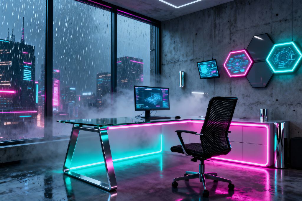 A futuristic home office overlooks a rainy neon city through floor-to-ceiling windows, with mist drifting around an L-shaped workstation that pairs a tempered glass top on chrome legs with a high-gloss white cabinet wrapped in cyan and magenta LED lighting. A black mesh task chair faces a single monitor as hexagonal acrylic panels and wall-mounted screens glow on the raw concrete wall, while polished concrete flooring and recessed ceiling light strips complete the scene.