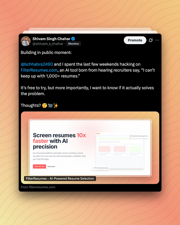 A Twitter post announcing the launch of FilterResumes, an AI tool for resume screening.