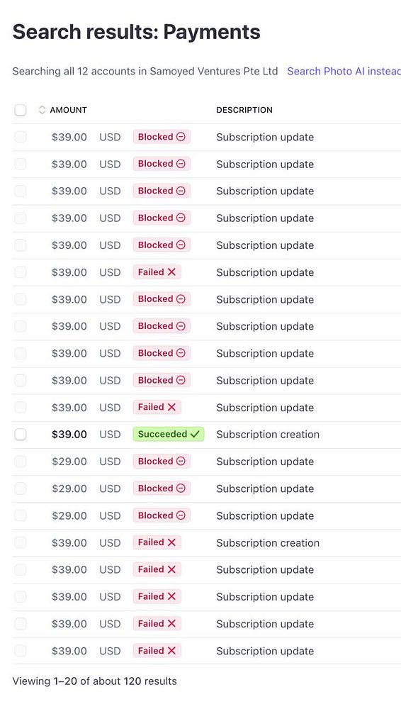 The image displays a list of payment results with various statuses for a company.