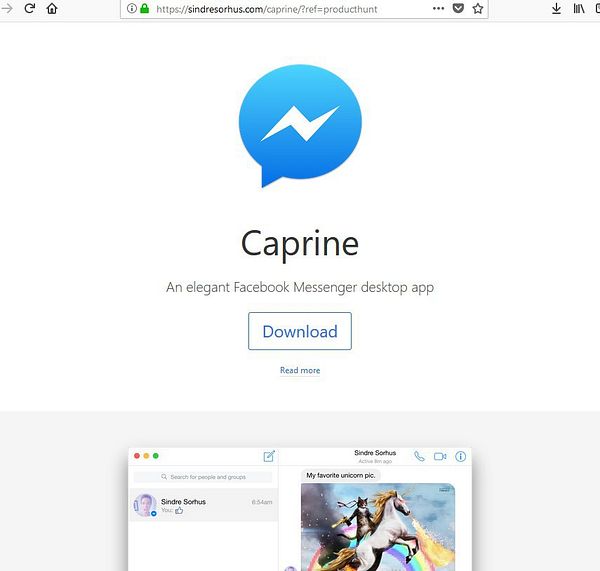 The image displays the landing page for the Caprine desktop app, featuring a chat interface and a prominent download button.