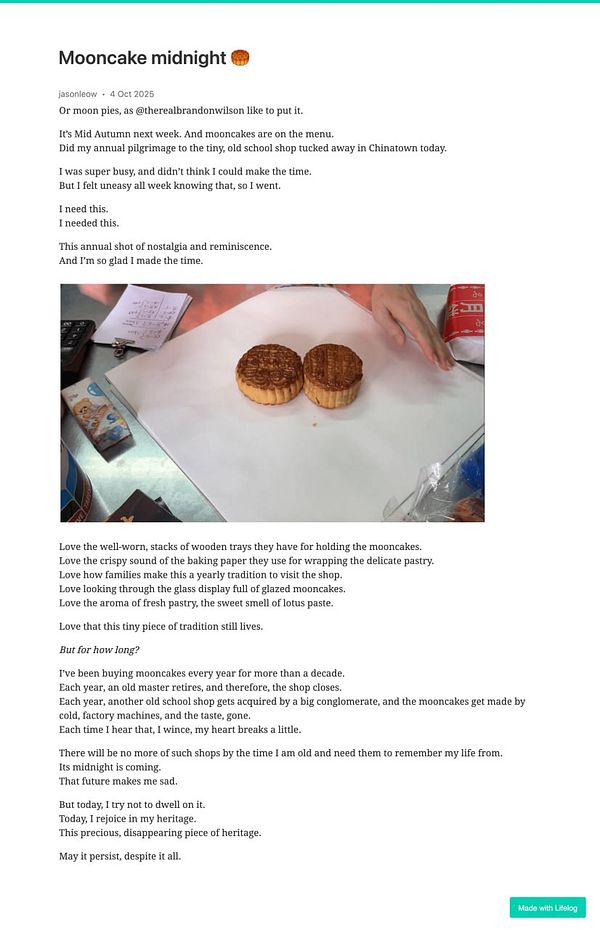 A cozy scene featuring two mooncakes on a table, accompanied by a heartfelt reflection on tradition and nostalgia.