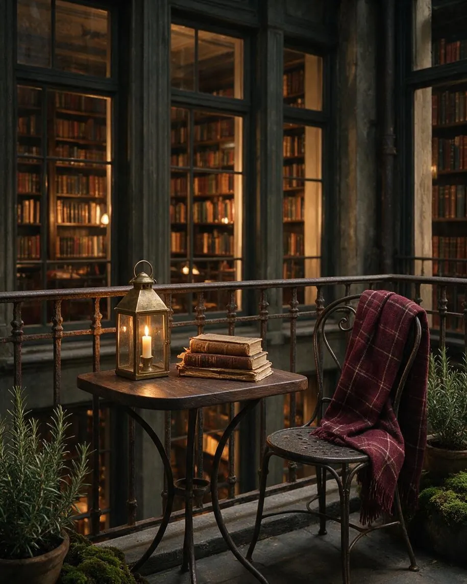 A narrow balcony outside a tall library façade, with dark painted window frames revealing shelves of books inside. A small round table holds a brass lantern with a lit candle and a stack of worn old books, while a metal chair is draped with a burgundy plaid throw. Potted herbs and mossy greenery add softness to the weathered stone and iron setting.