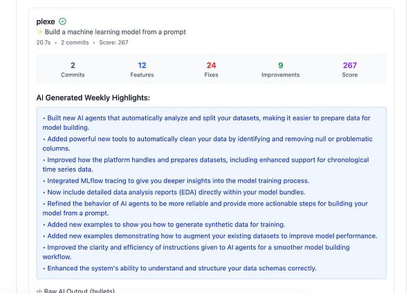The image displays a task interface for a machine learning project with various metrics and AI-generated highlights.