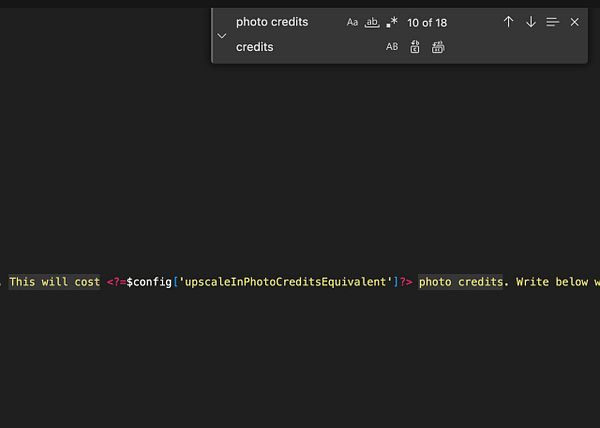 The image displays a code snippet in a text editor interface, highlighting a specific line related to photo credits.