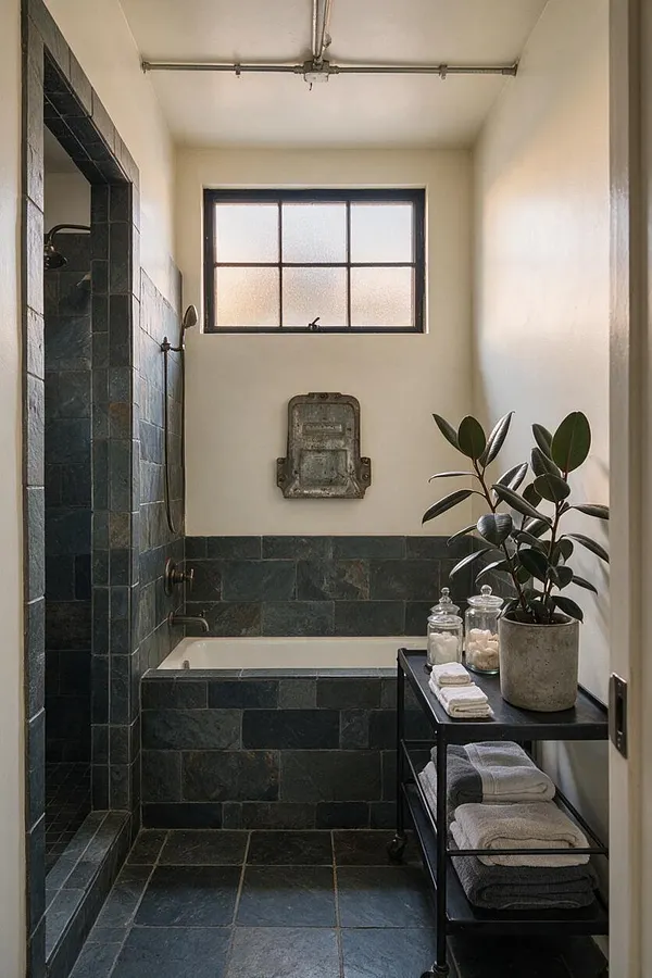 A narrow master bathroom with dark slate tile flooring and a tiled bathtub and shower surround, contrasted by smooth off-white walls and a black-framed frosted window. Exposed metal piping runs along the ceiling, and a black utility cart with towels, glass jars, and a potted plant adds a functional industrial touch.