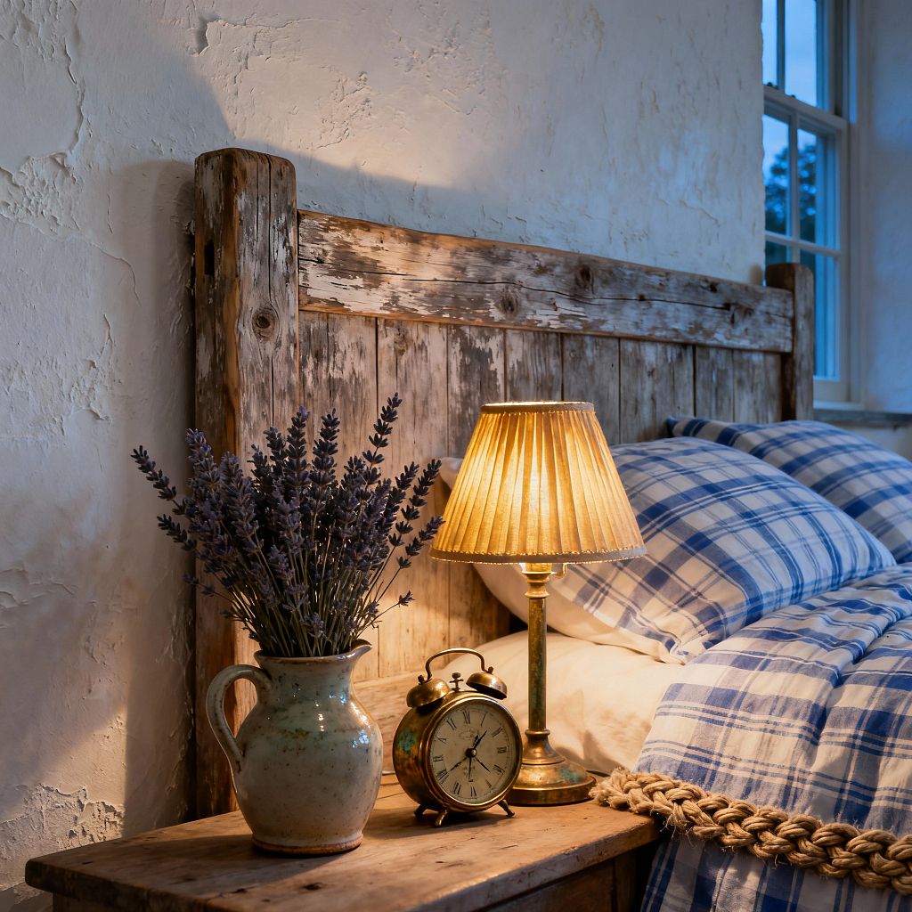 Close-up of a farmhouse bedroom nightstand beside a bed with blue-and-white plaid duvet and pillows. A tall, weathered reclaimed-wood headboard and textured plaster wall set a rustic backdrop. On the rough wooden table sits a ceramic jug of dried lavender, an antique brass alarm clock, and a brass lamp with a pleated shade casting warm amber light. A chunky jute braid rests at the bed’s edge, with a white-trimmed window showing evening blue outside.