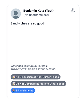 A user profile interface displaying a message about sandwiches and associated group rules.