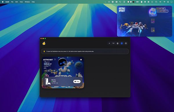 The image displays a macOS interface featuring Picture in Picture mode for remote play of the game Astro Bot.