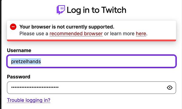 Screenshot of Twitch website showing a Firefox browser compatibility warning and guidance to use different browsers.