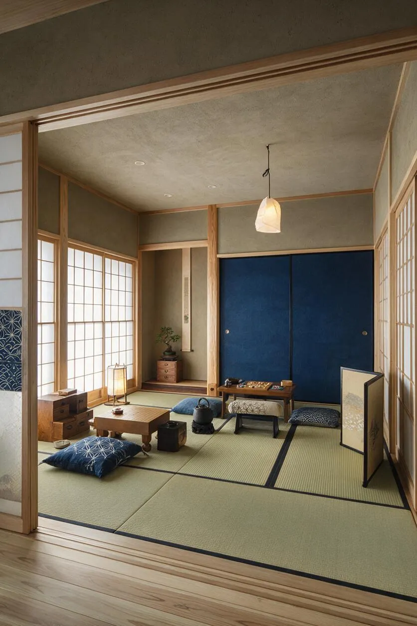 A Japanese Zen-style game room with tatami mats, sliding shoji and blue fabric doors, a low wooden table, floor cushions, and a small pendant light. Natural wood trim, a subtle earth-toned palette, and minimal decor create a calm, traditional atmosphere.