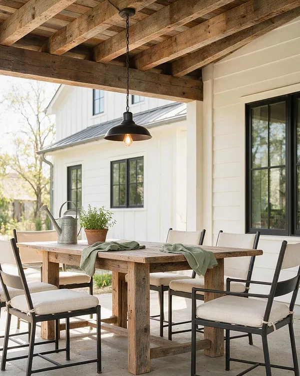 An outdoor farmhouse dining area features a heavy reclaimed wood table surrounded by black metal chairs with cream cushions. Above, exposed wood ceiling beams and a single black pendant light add warmth, while white siding, black-framed windows, and soft green accents create a bright, relaxed setting.