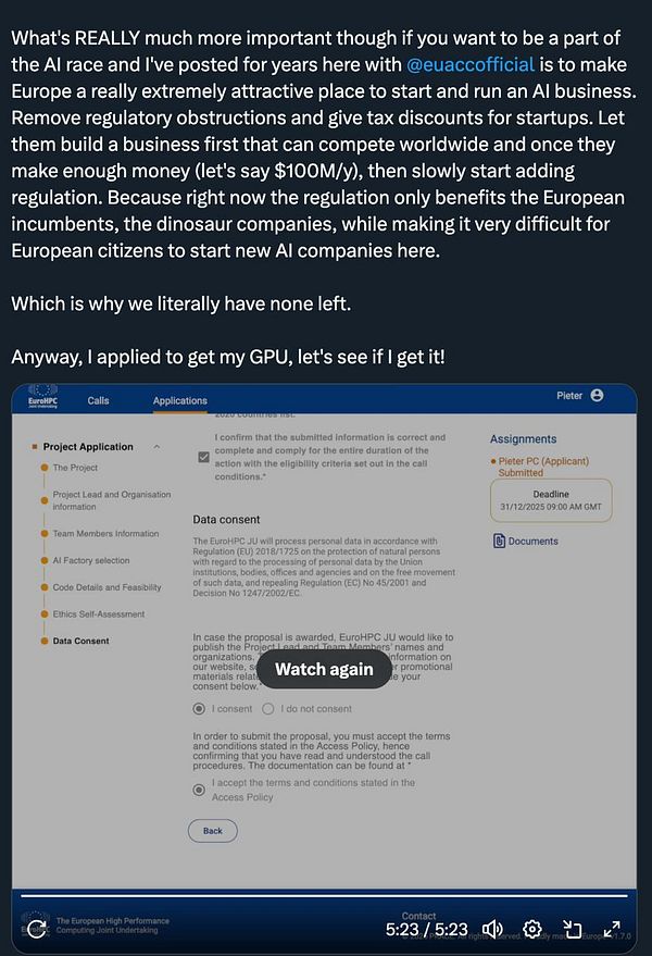 The image displays a screenshot of an application interface for the European High Performance Computing Joint Undertaking, focusing on data consent and project application details.