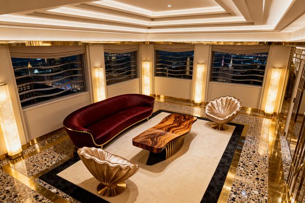 An Art Deco living room with a deep burgundy velvet curved sofa edged in brass, two champagne-gold scallop lounge chairs, and a sculptural coffee table featuring a richly figured wood top on a ribbed brass base. A large cream rug with a black border sits over terrazzo flooring with polished brass trim. Stepped ceilings with cove lighting and tall alabaster column lamps create warm illumination, while brass-trimmed windows with wave-pattern grills reveal a nighttime city view.