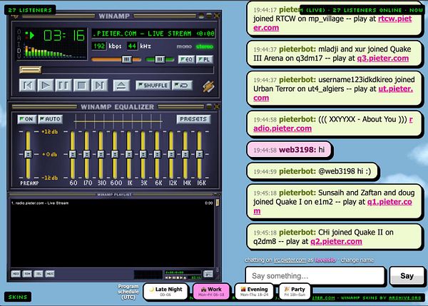 A retro Winamp music player interface showing a live stream from radio.pieter.com with 27 listeners, accompanied by an IRC chat window with user messages and game join notifications.