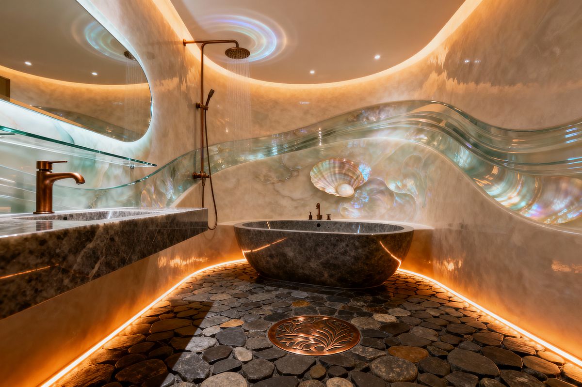 Room AI – Futuristic Bathroom with Iridescent Sea-Glass Wave
