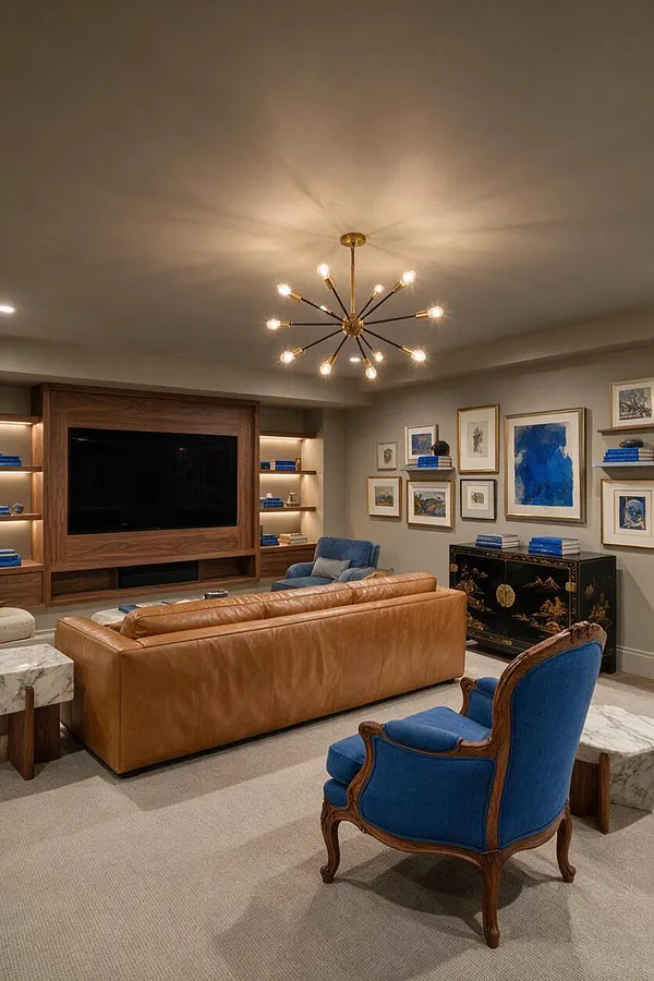 A stylish eclectic media room featuring a large wood-framed TV wall with built-in shelving, a tan leather sofa, a royal blue upholstered accent chair, and a brass starburst chandelier overhead. The walls display an arranged gallery of framed art, and dark decorative cabinetry adds contrast to the soft neutral carpet and warm, layered lighting.