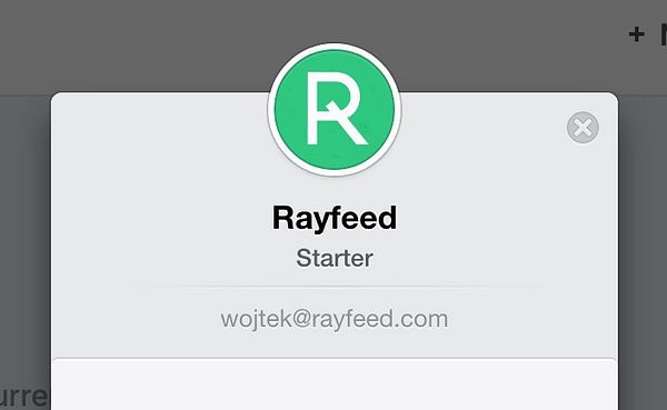 The image shows a user profile or account card for Rayfeed with an email address displayed.