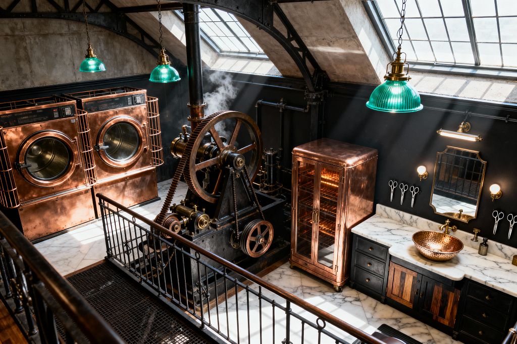 An industrial steampunk laundry under a slanted skylight shows two copper-clad front-loading machines beside a large black steel mechanism with gears and a flywheel releasing steam, set against matte black walls with exposed pipes. To the right are a copper cabinet with glass doors, a marble-topped black vanity with a hammered copper vessel sink and brass faucet, a mirror with sconces, and green ribbed pendant lights over white marble flooring and riveted steel trusses.