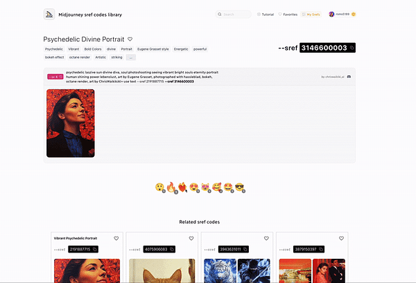 The image displays a digital interface showcasing a 'Psychedelic Divine Portrait' along with related sref codes and user reactions.