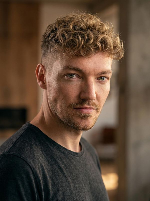 A close-up portrait of a man with curly hair and a serious expression.