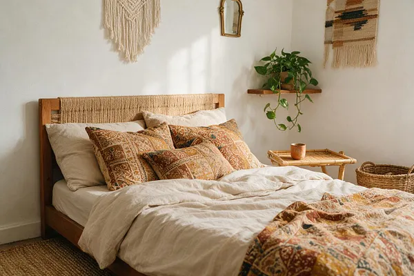 A cozy bohemian master bedroom with a low wooden bed dressed in cream bedding and patterned earth-toned pillows and throw. Woven wall hangings, a small wooden side table, a hanging plant, and a basket add natural texture against soft white walls.