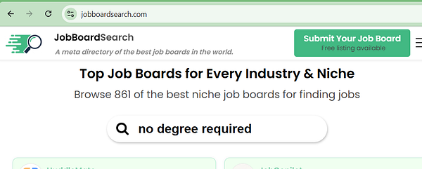 JobBoardSearch website homepage focused on niche job boards with a search query for 'no degree required'.