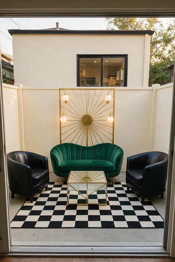 A small backyard seating area styled in Art Deco fashion, featuring a emerald green velvet loveseat centered against a cream wall, flanked by two black leather armchairs. A gold sunburst wall panel with four globe lights creates a dramatic focal point above a mirrored gold coffee table on a black-and-white checkered rug.