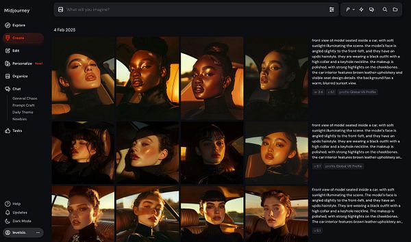 The image displays a grid of artistic portraits of models seated inside a car, illuminated by soft sunlight.