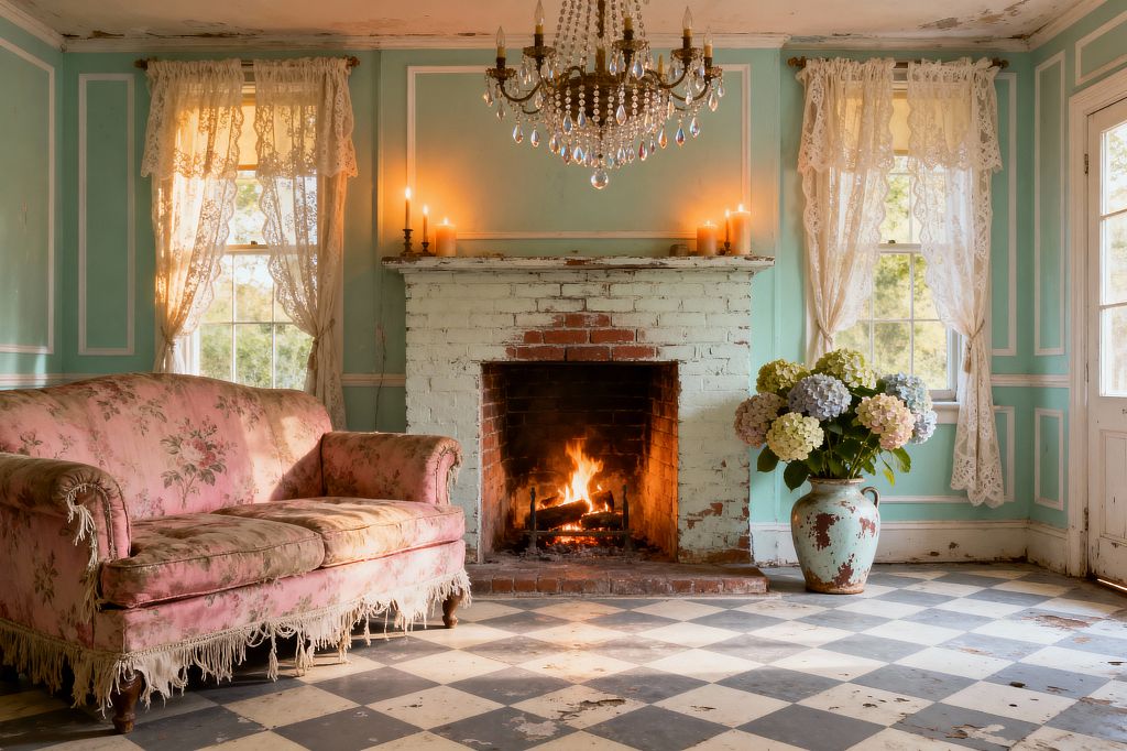 A shabby chic living room features mint-green walls with white panel molding and a whitewashed brick fireplace glowing with a fire, candles lining the mantel. A vintage brass and crystal chandelier hangs over a worn black-and-white checkered floor. A faded pink floral sofa with fringe sits to the left, while a chippy-painted ceramic urn filled with pastel hydrangeas stands to the right. Lace curtains drape tall windows, creating a cozy, timeworn atmosphere.