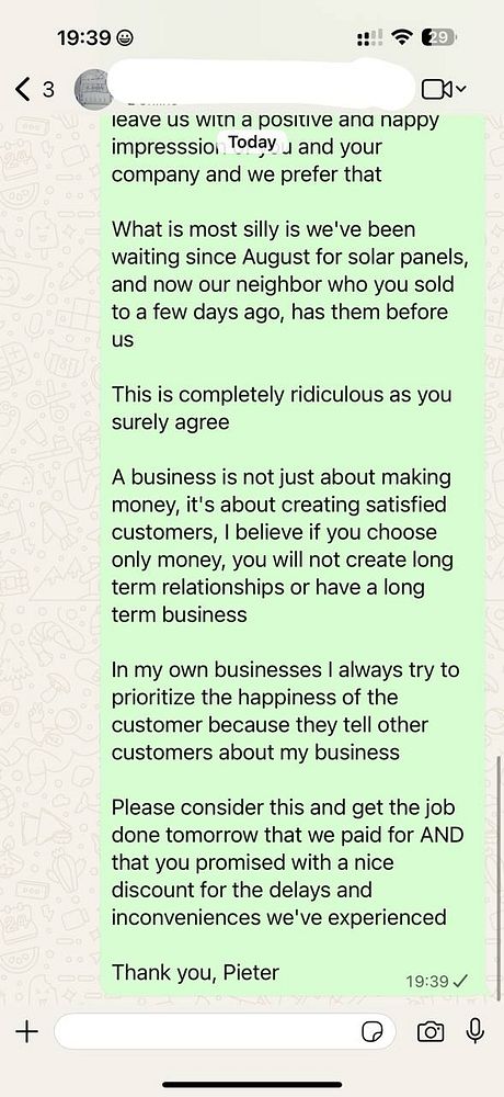 A message expressing frustration over delayed solar panel installation.