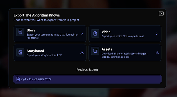 The image displays an export interface for a project management tool, showcasing options for exporting various project elements.
