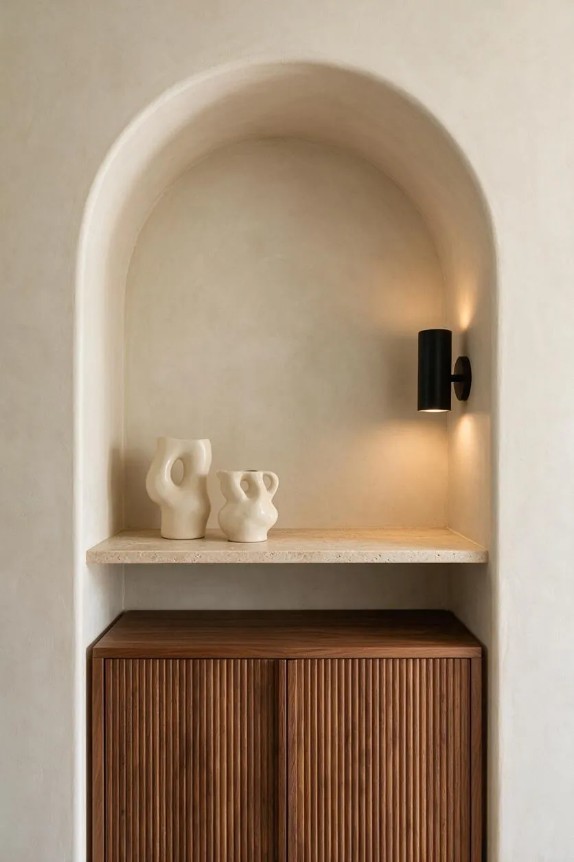A modern entryway niche with a rounded plaster arch, a floating stone shelf, and a ribbed wood cabinet below. Two sculptural cream ceramic vases sit on the shelf beside a black wall sconce casting warm light.