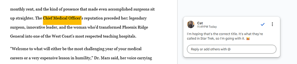 The image features a text excerpt discussing a Chief Medical Officer and a comment from a user named Cat.