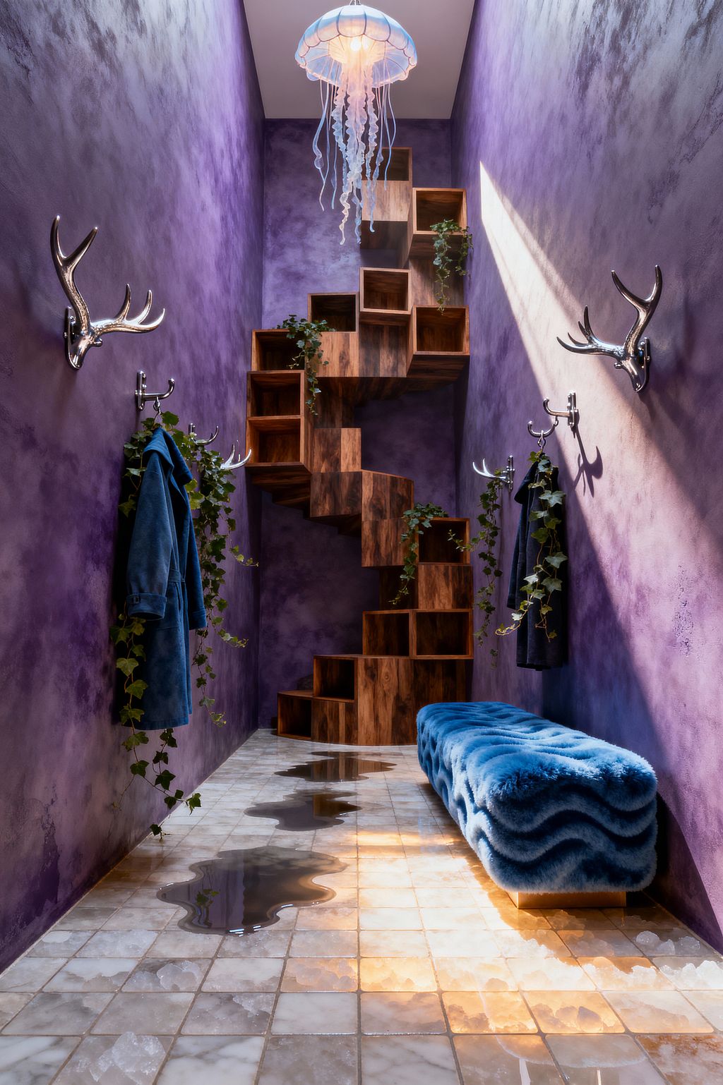 A tall, narrow mudroom with mottled purple plaster walls features chrome antler hooks holding coats and trailing ivy. At the end, a staircase of stacked wooden cubes twists upward like sculpture, while a plush, wavy cobalt bench sits opposite. Translucent stone tiles underlit with warm light show irregular puddles reflecting the ceiling. Above, daylight from a skylight mixes with a glowing jellyfish-like pendant, casting soft, aquatic shadows.