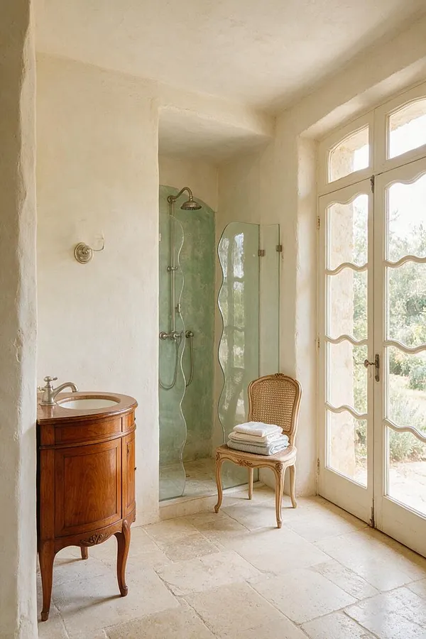 A French Country master bathroom with textured cream plaster walls, a pale stone tile floor, and large French doors bringing in daylight. The space includes a curved wooden vanity, a glass shower enclosure with a green-tinted wall and metal fixtures, and a carved cane-back chair holding folded towels.
