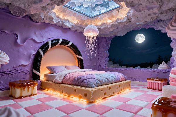A whimsical bedroom styled like Candy Land shows lavender frosting-textured walls, a black-and-white twisted licorice arch framing a softly lit bed on a Swiss cheese–shaped platform, and pastel ombré bedding. A pink-and-white checkered floor, caramel-drizzled cube stools, a jellyfish-like beaded chandelier beneath a crystal-lined glass skylight, and a large window revealing a bright full moon complete the playful, confection-inspired scene.